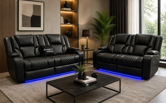 Orlando 3+2 Electric Recliner Sofa Set Black Leather| USB | Cup Holders | LED
