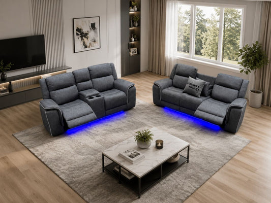 Hannah Electric Recliner 3+2 Sofa Set With Cupholders – 3+2 Seater – Soft Grey Micro Fabric – LED Lights & USB Ports