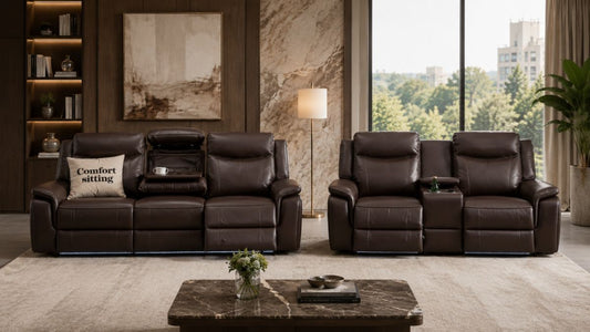 Parada Leather Suits Electric Recliner Sofa Set with Cupholders, LED Lights, Wireless Charging, Bluetooth Speakers, and USB Ports – 3+2 Seater (Brown)