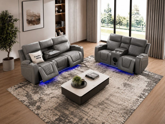 Florida Leather Electric Recliner Sofa Set with Cupholders, LED Lights, Wireless Charging, Bluetooth Speakers, and USB Ports – 3+2 Seater (Grey)