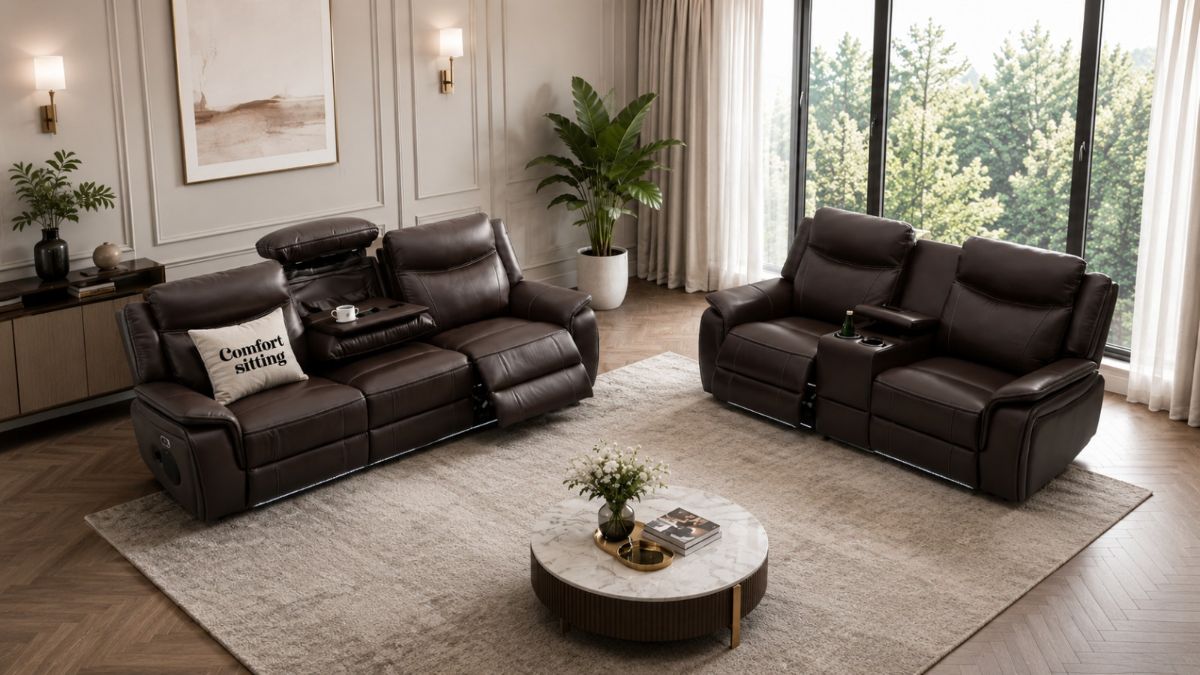 Parada Leather Suits Electric Recliner Sofa Set with Cupholders, LED Lights, Wireless Charging, Bluetooth Speakers, and USB Ports – 3+2 Seater (Brown)