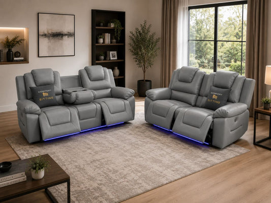 Oxford 3+2 Seater Electric Recliner Sofa Set Grey Leather