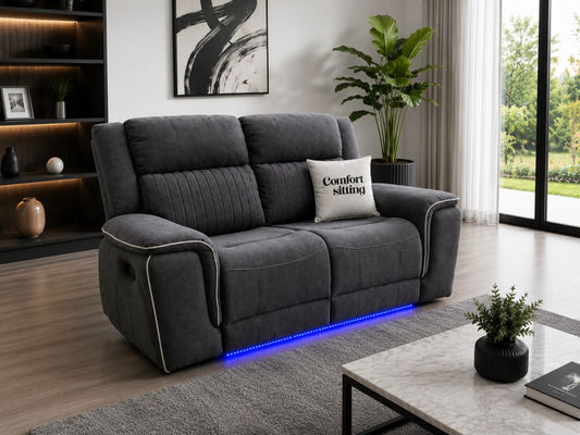 Hannah Electric Recliner 2 Sofa Set With Cupholders – 2 Seater – Soft Grey Micro Fabric – LED Lights & USB Ports