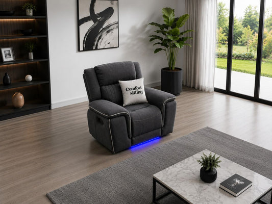 Hannah Electric Recliner 1 Sofa Set With Cupholders – 1 Seater – Soft Grey Micro Fabric – LED Lights & USB Ports