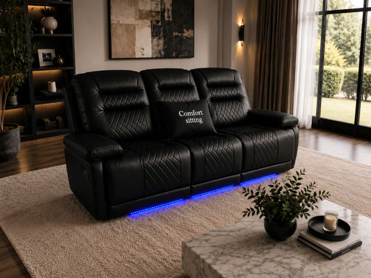 Halifax Leather 3 Seater Sofa with Electric Recliners, LED Lights & Cupholders – Power Recliner with USB Charging Ports – Modern Grey Living Room Sofa