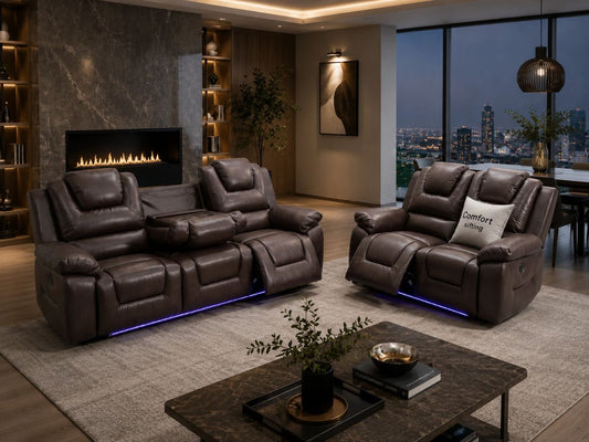 Oxford 3+2 Seater Electric Recliner Sofa Set Brown Leather