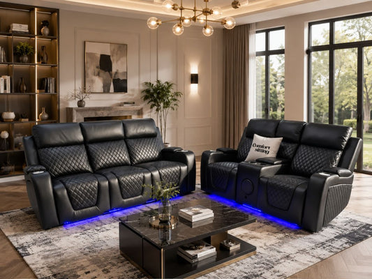 Florida Leather Electric Recliner Sofa Set with Cupholders, LED Lights, Wireless Charging, Bluetooth Speakers, and USB Ports – 3+2 Seater (Black)