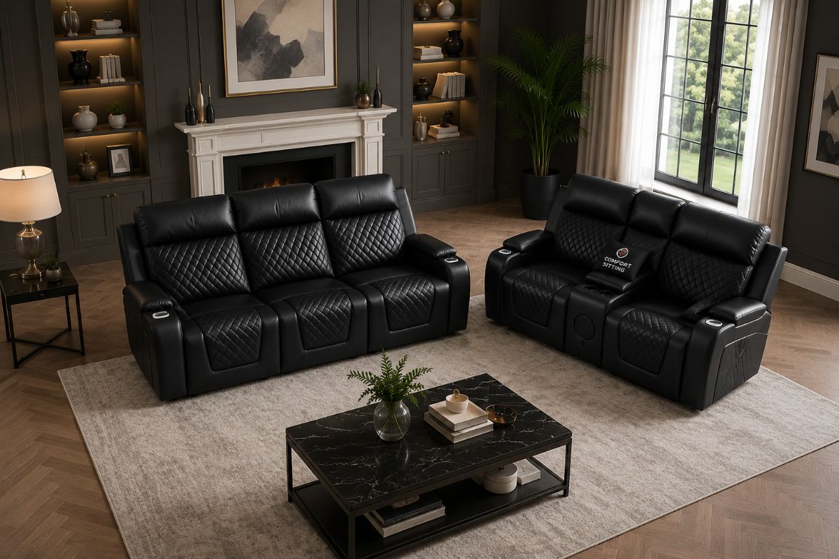 Florida Leather Electric Recliner Sofa Set with Cupholders, LED Lights, Wireless Charging, Bluetooth Speakers, and USB Ports – 3+2 Seater (Black)