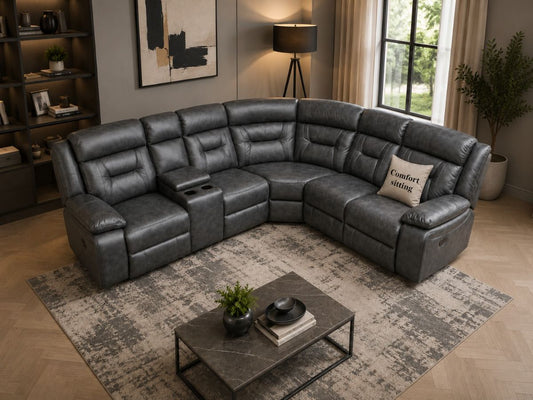 Nova Electric Fabric Recliner Corner Sofa in Grey with LED Lights & Console – Luxury L Shape Suite
