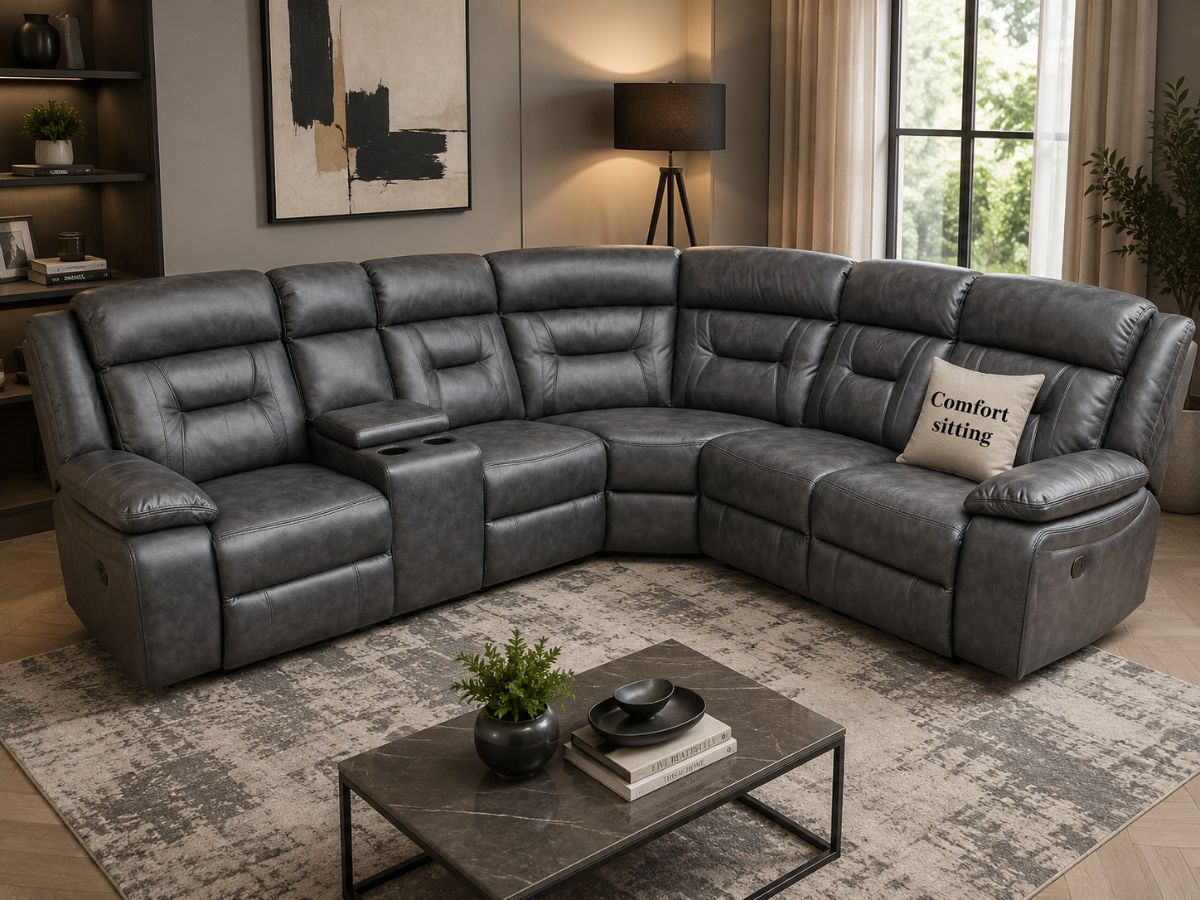 Nova Electric Fabric Recliner Corner Sofa in Grey with LED Lights & Console – Luxury L Shape Suite