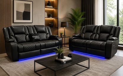 Orlando 3+2 Electric Recliner Sofa Set Black Leather| USB | Cup Holders | LED