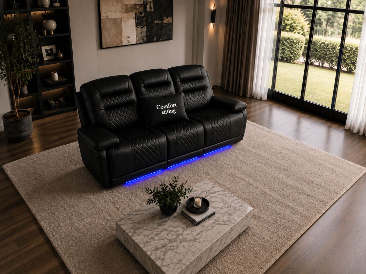 Halifax Leather 3 Seater Sofa with Electric Recliners, LED Lights & Cupholders – Power Recliner with USB Charging Ports – Modern Grey Living Room Sofa