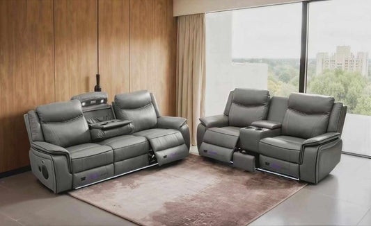 Parada Leather Suits Electric Recliner Sofa Set with Cupholders, LED Lights, Wireless Charging, Bluetooth Speakers, and USB Ports – 3+2 Seater (Grey