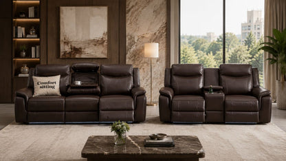 Parada Leather Suits Electric Recliner Sofa Set with Cupholders, LED Lights, Wireless Charging, Bluetooth Speakers, and USB Ports – 3+2 Seater (Brown)