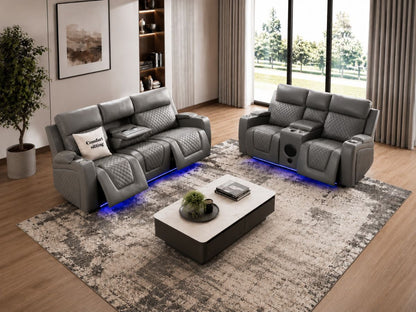 Florida Leather Electric Recliner Sofa Set with Cupholders, LED Lights, Wireless Charging, Bluetooth Speakers, and USB Ports – 3+2 Seater (Grey)