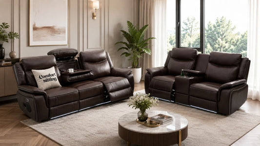 Parada Leather Suits Electric Recliner Sofa Set with Cupholders, LED Lights, Wireless Charging, Bluetooth Speakers, and USB Ports – 3+2 Seater (Brown)