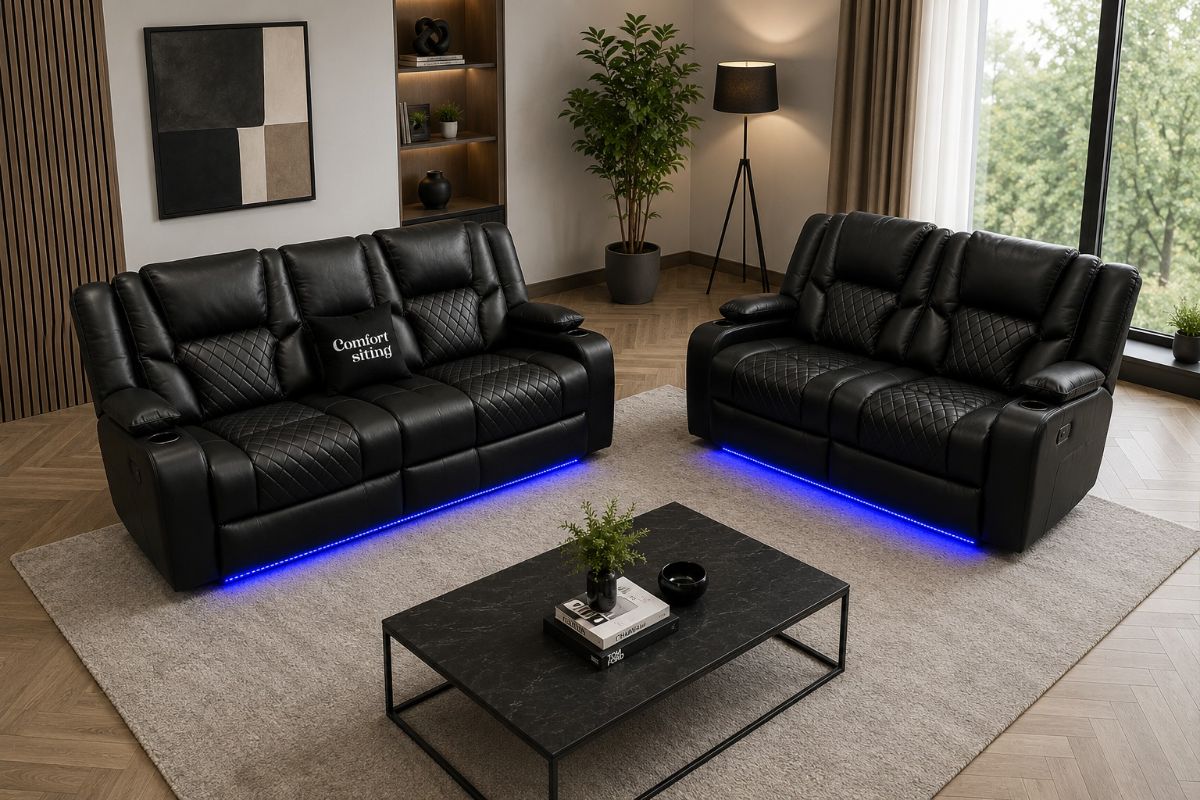Orlando 3+2 Electric Recliner Sofa Set Black Leather| USB | Cup Holders | LED