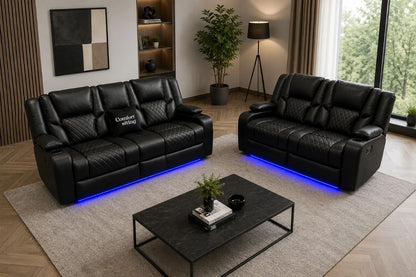 Orlando 3+2 Electric Recliner Sofa Set Black Leather| USB | Cup Holders | LED