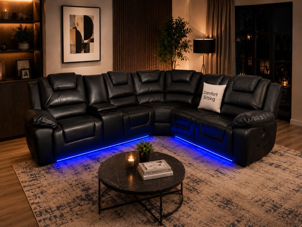 Oxford Corner 5 Seater Electric Recliner Sofa Set Black Leather