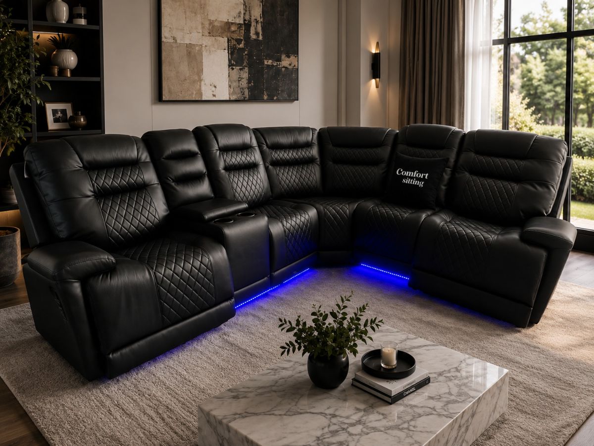 Halifax Leather Corner Sofa with Electric Recliners, LED Lights & Cupholders – Power Recliner with USB Charging Ports – Modern Grey Living Room Sofa