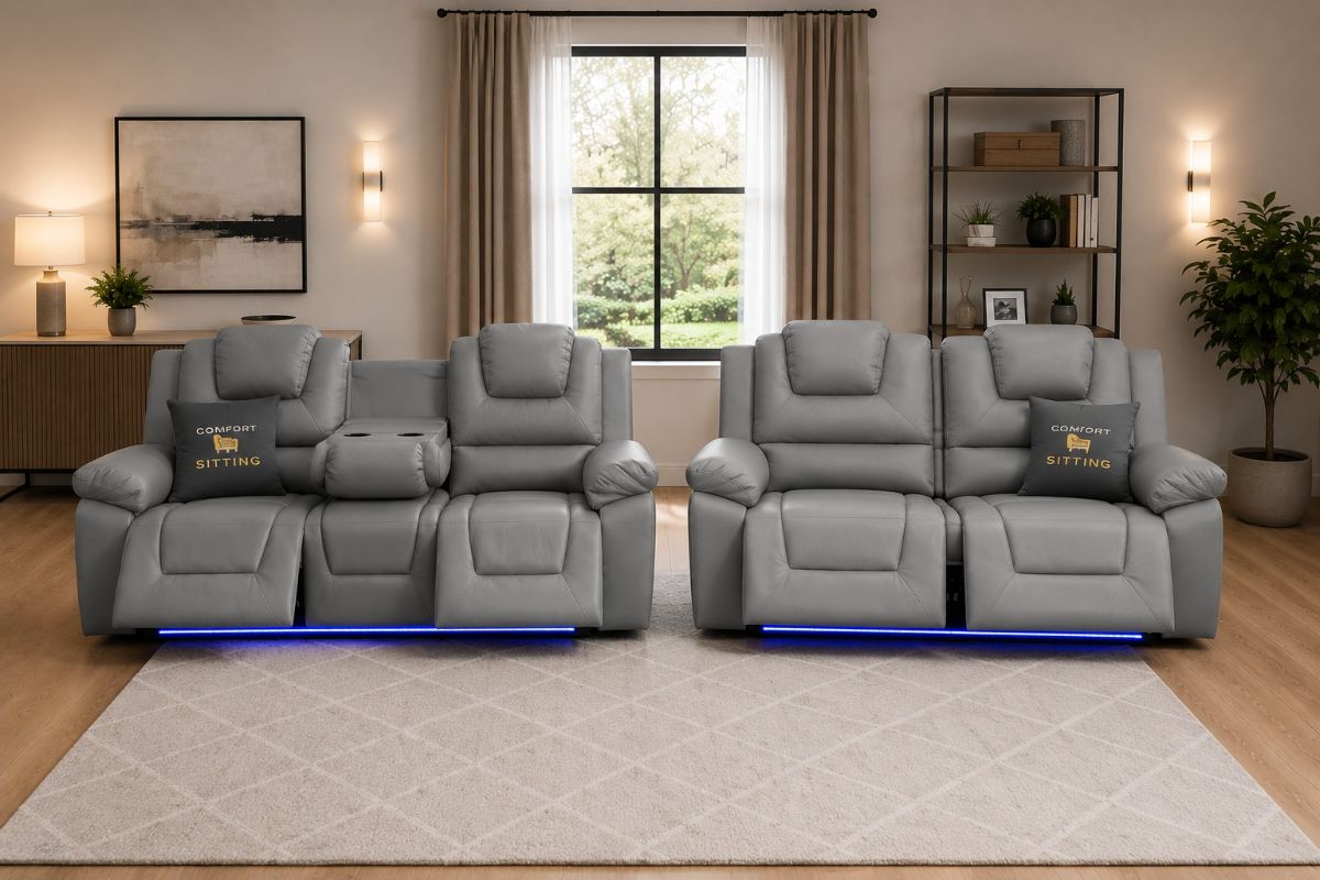 Oxford 3+2 Seater Electric Recliner Sofa Set Grey Leather