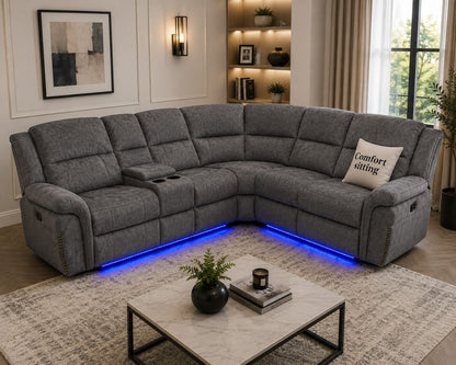 Berline Fabric Recliners Electric Corner Sofa Grey Micro Fibre Fabric With Cupholders – LED Lights & USB Ports