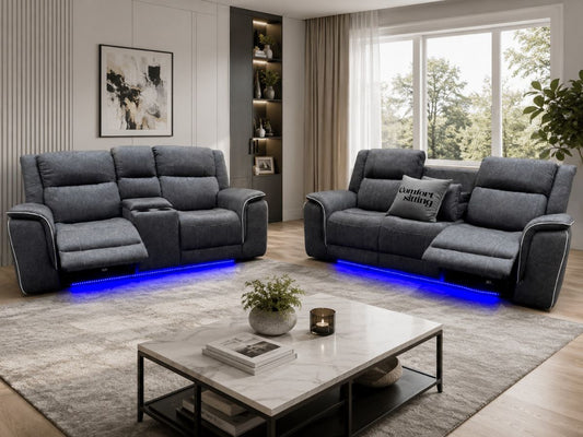 Hannah Electric Recliner 3+2 Sofa Set With Cupholders – 3+2 Seater – Soft Grey Micro Fabric – LED Lights & USB Ports