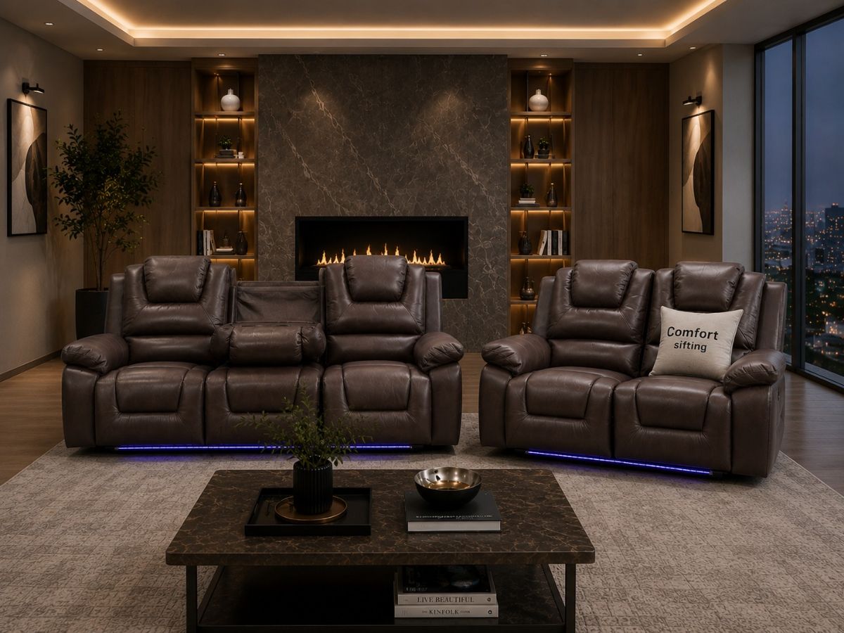 Oxford 3+2 Seater Electric Recliner Sofa Set Brown Leather