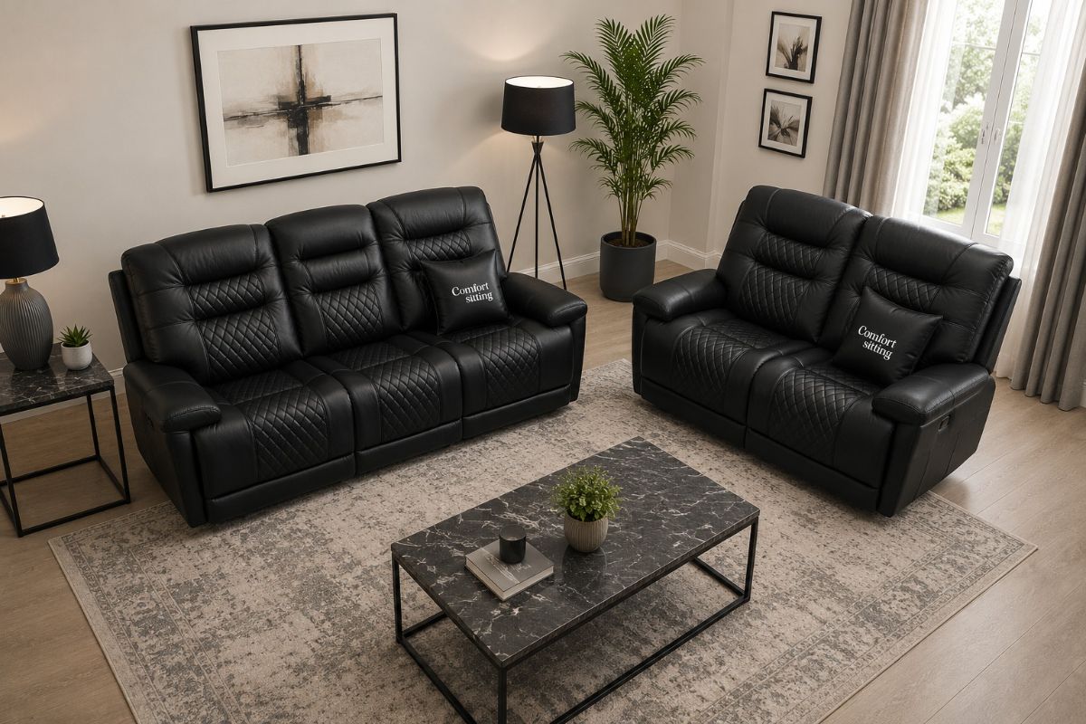 Halifax Leather 2+3 Seater Sofa with Electric Recliners, LED Lights & Cupholders – Power Recliner with USB Charging Ports – Modern Grey Living Room Sofa