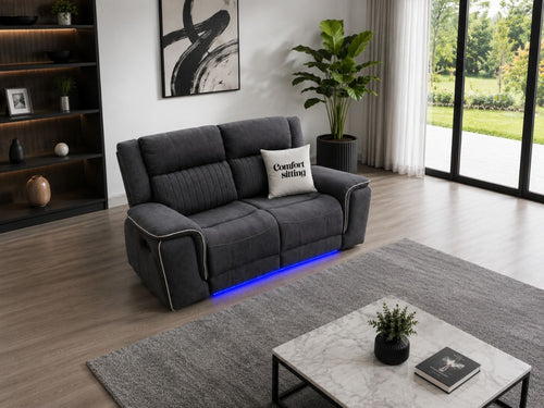 Hannah Electric Recliner 2 Sofa Set With Cupholders – 2 Seater – Soft Grey Micro Fabric – LED Lights & USB Ports