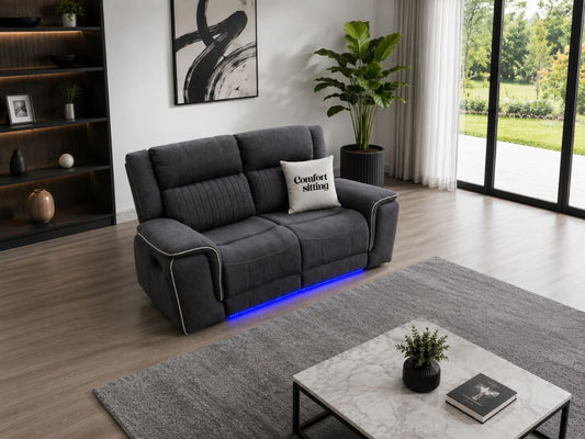 Hannah Electric Recliner 2 Sofa Set With Cupholders – 2 Seater – Soft Grey Micro Fabric – LED Lights & USB Ports
