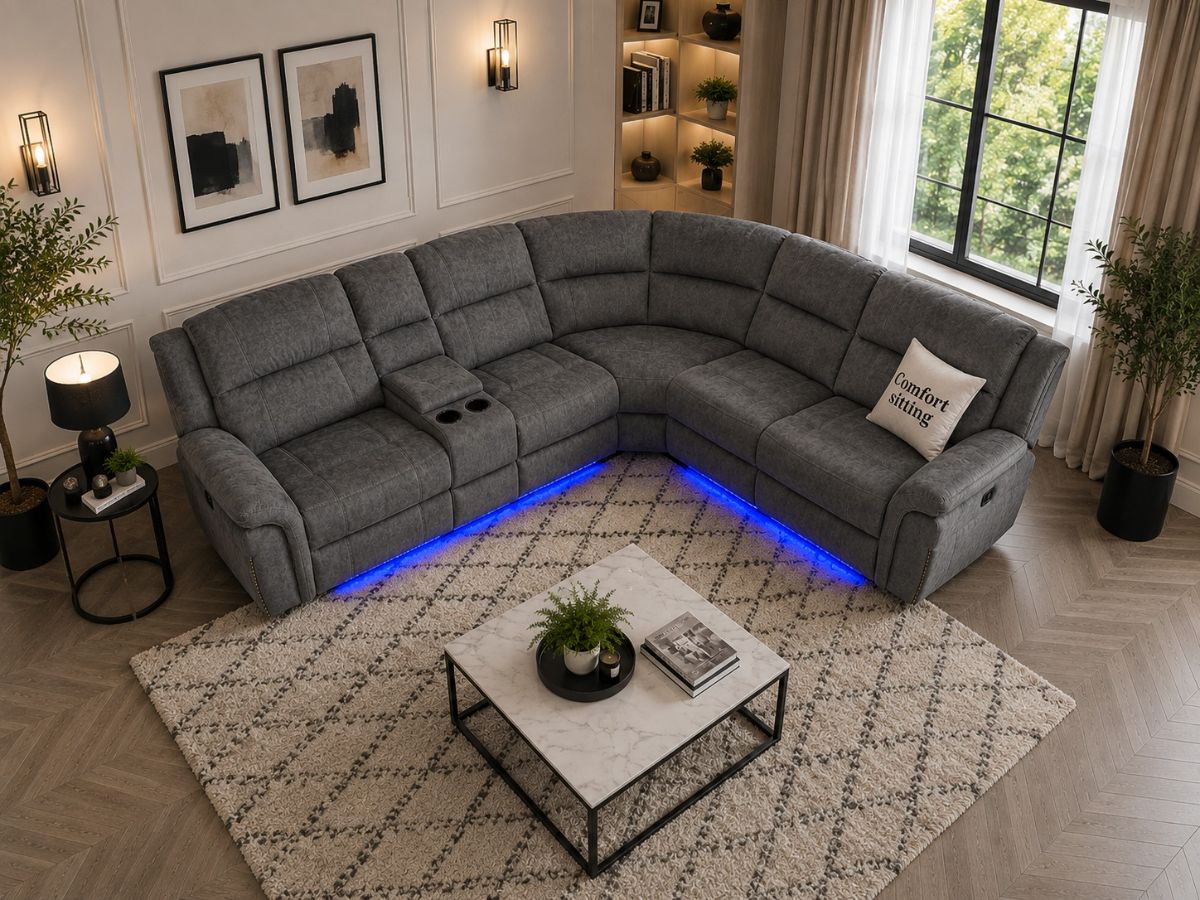 Berline Fabric Recliners Electric Corner Sofa Grey Micro Fibre Fabric With Cupholders – LED Lights & USB Ports