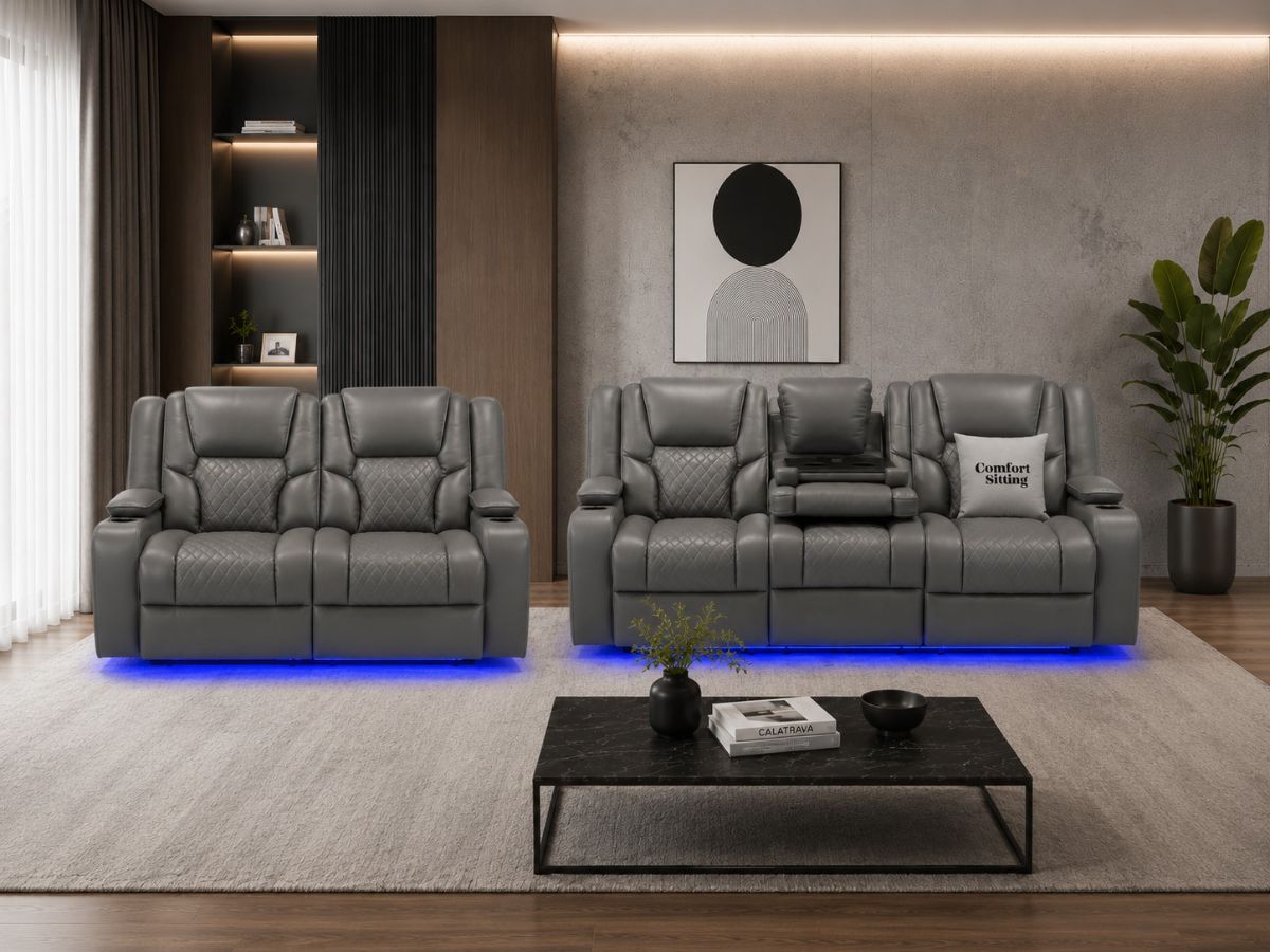 Orlando 3+2 Electric Recliner Sofa Set Grey Leather| USB | Cup Holders | LED