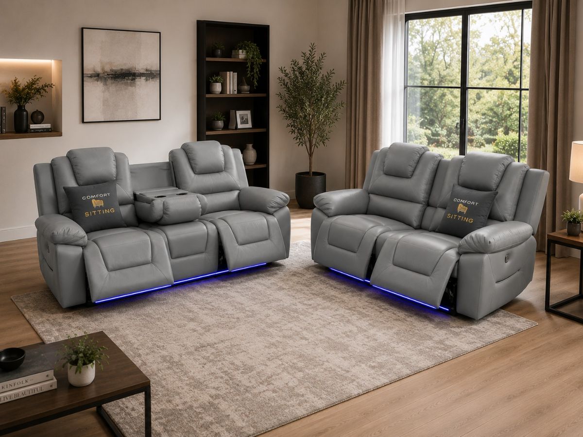 Oxford 3+2 Seater Electric Recliner Sofa Set Grey Leather