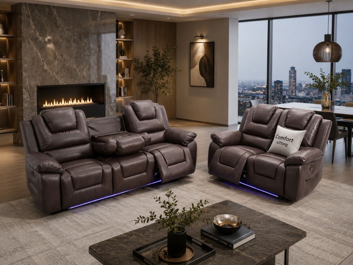 Oxford 3+2 Seater Electric Recliner Sofa Set Brown Leather