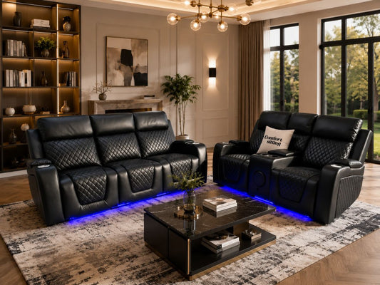Florida Leather Electric Recliner Sofa Set with Cupholders, LED Lights, Wireless Charging, Bluetooth Speakers, and USB Ports – 3+2 Seater (Black)