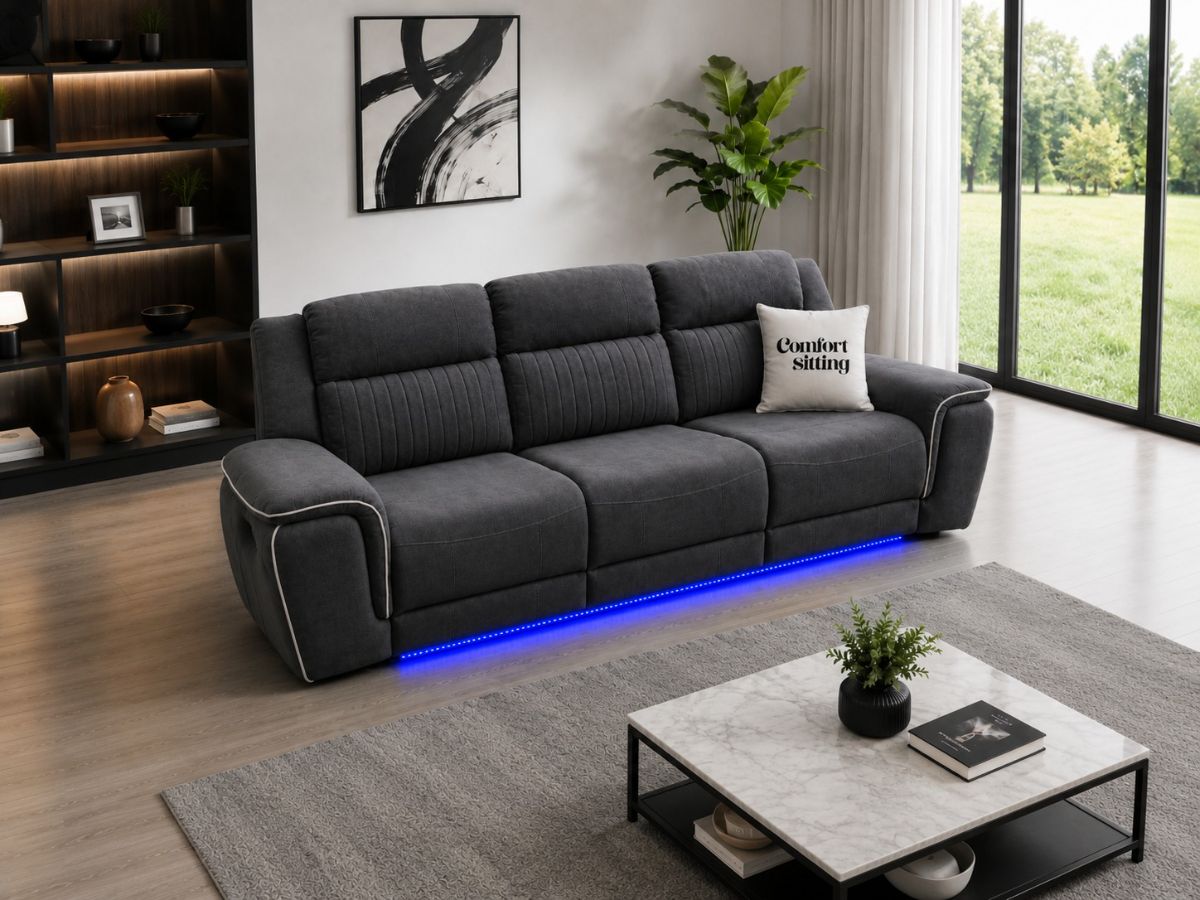 Hannah Electric Recliner 3 Sofa Set With Cupholders – 3 Seater – Soft Grey Micro Fabric – LED Lights & USB Ports