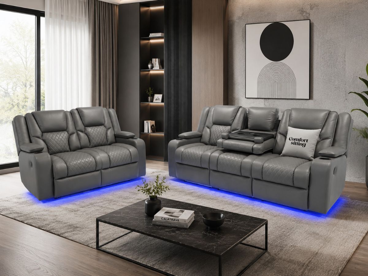 Orlando 3+2 Electric Recliner Sofa Set Grey Leather| USB | Cup Holders | LED
