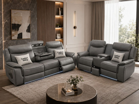 Parada Leather Suits Electric Recliner Sofa Set with Cupholders, LED Lights, Wireless Charging, Bluetooth Speakers, and USB Ports – 3+2 Seater (Grey