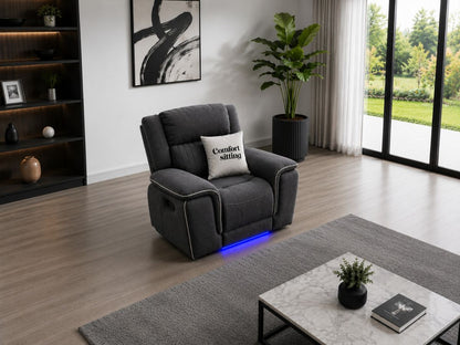 Hannah Electric Recliner 1 Sofa Set With Cupholders – 1 Seater – Soft Grey Micro Fabric – LED Lights & USB Ports