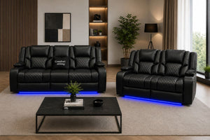 Orlando 3+2 Electric Recliner Sofa Set Black Leather| USB | Cup Holders | LED