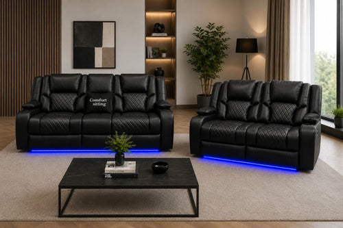 Orlando 3+2 Electric Recliner Sofa Set Black Leather| USB | Cup Holders | LED