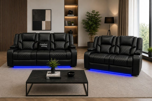 Orlando 3+2 Electric Recliner Sofa Set Black Leather| USB | Cup Holders | LED