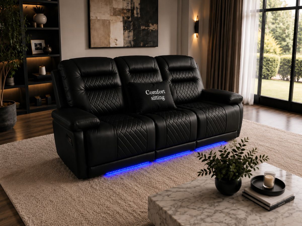 Halifax Leather 3 Seater Sofa with Electric Recliners, LED Lights & Cupholders – Power Recliner with USB Charging Ports – Modern Grey Living Room Sofa