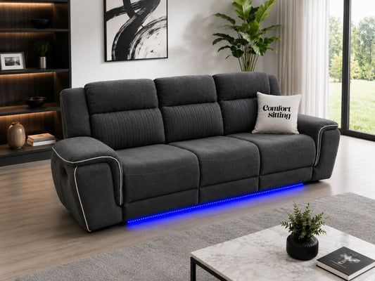 Hannah Electric Recliner 3 Sofa Set With Cupholders – 3 Seater – Soft Grey Micro Fabric – LED Lights & USB Ports