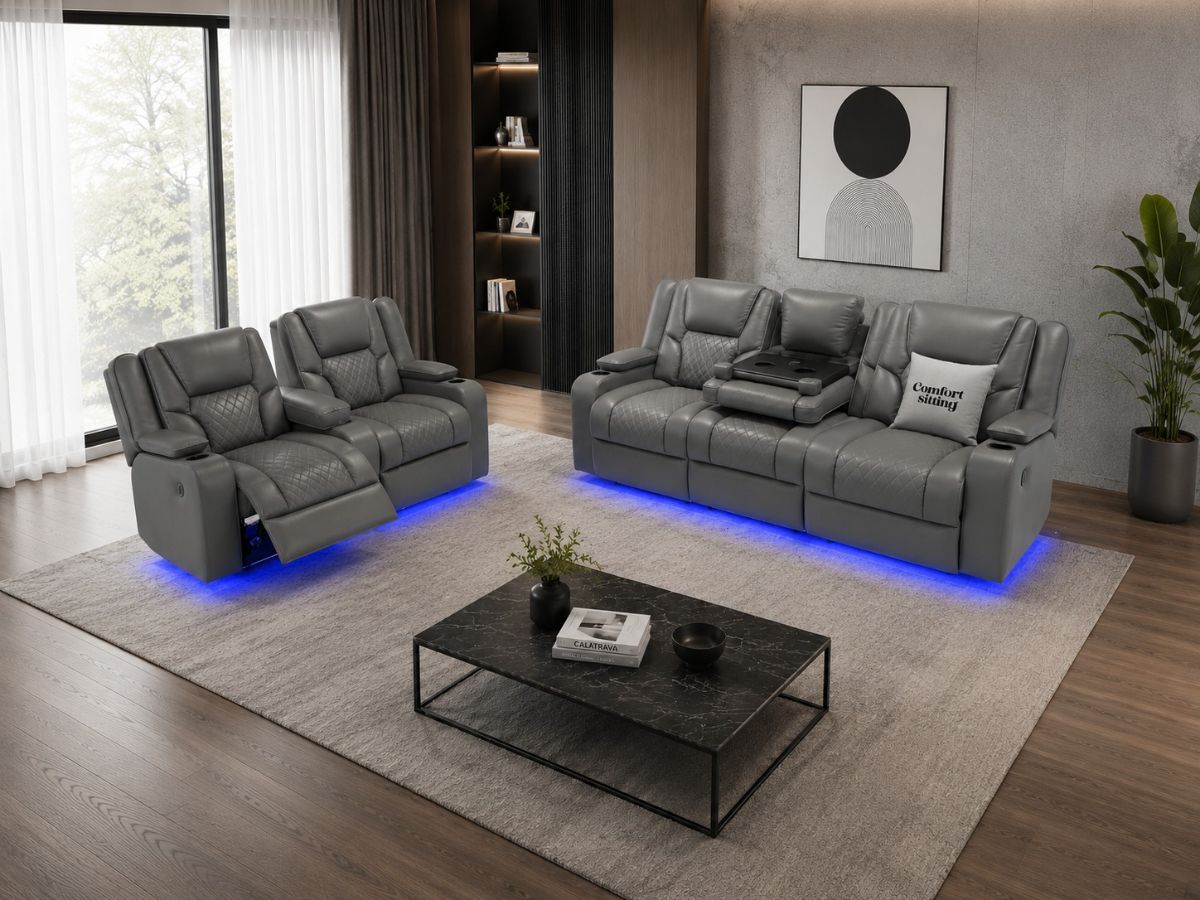 Orlando 3+2 Electric Recliner Sofa Set Grey Leather| USB | Cup Holders | LED