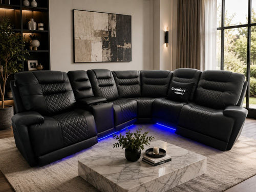 Halifax Leather Corner Sofa with Electric Recliners, LED Lights & Cupholders – Power Recliner with USB Charging Ports – Modern Grey Living Room Sofa
