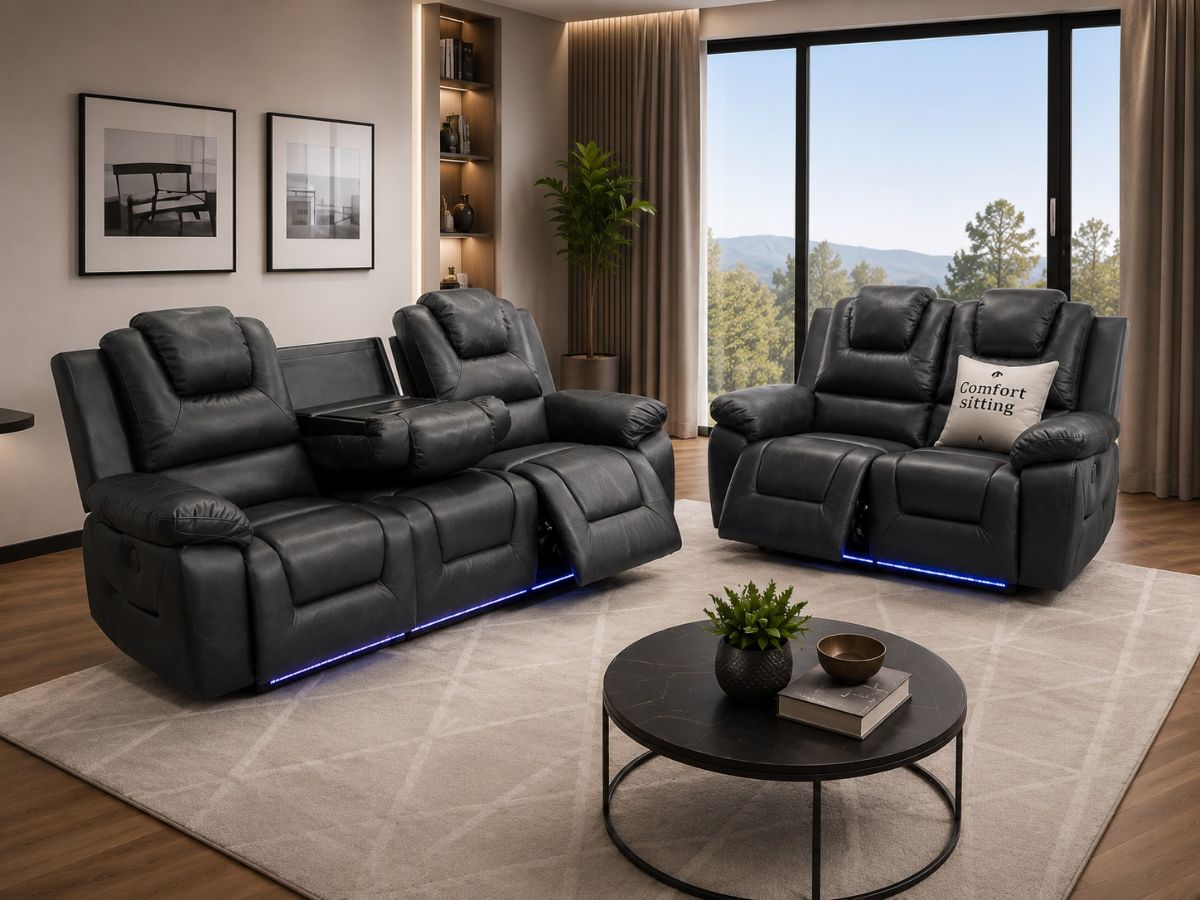 Oxford 3+2 Seater Electric Recliner Sofa Set Black Leather