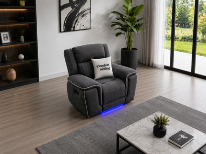 Hannah Electric Recliner 1 Sofa Set With Cupholders – 1 Seater – Soft Grey Micro Fabric – LED Lights & USB Ports