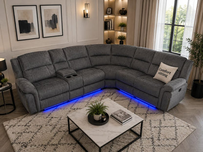 Berline Fabric Recliners Electric Corner Sofa Grey Micro Fibre Fabric With Cupholders – LED Lights & USB Ports